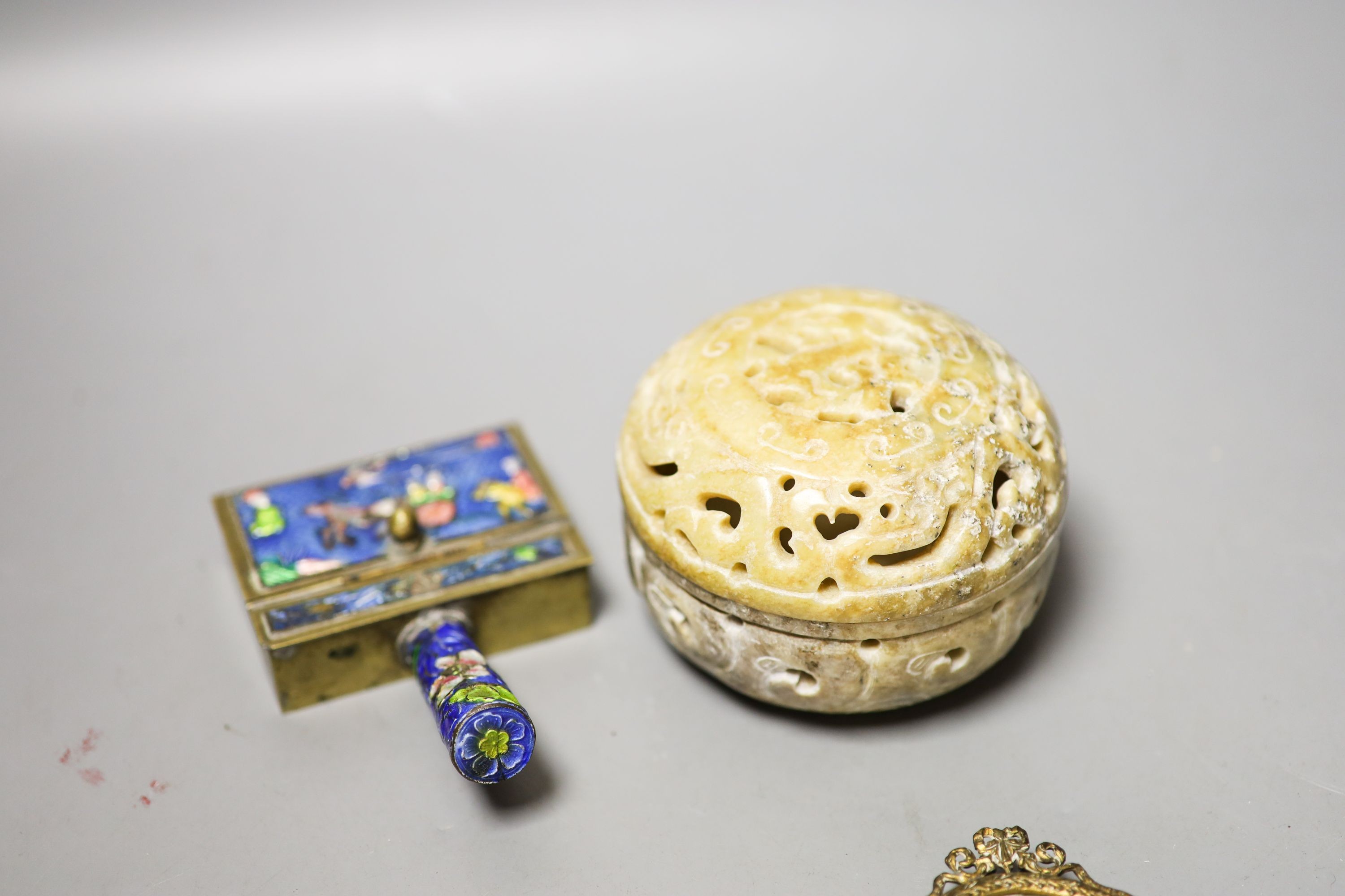 Three miniatures of ladies on ivory, early 20th century and a soapstone lidded pot and enamelled box